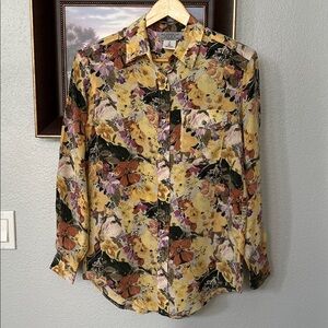 SILKS Silk Button Down Long Sleeve Blouse Shirt Saturated Multi Floral Women's M